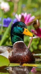 Obraz premium Mallard duck on lily pads