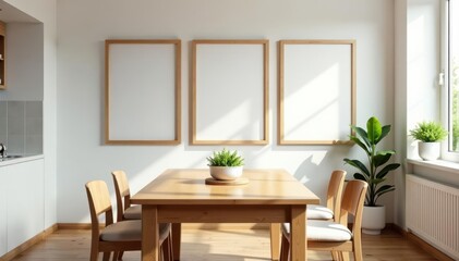 Fototapeta premium Bright dining area, wooden table, comfy seating, empty poster frames, scandi, posters