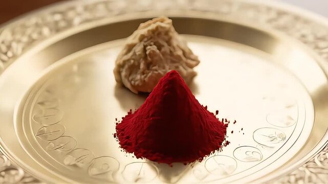 Sacred dumpling and red powder offering at the ayyappa convention with spiritual and cultural significance authentic ritual symbol