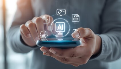 User interacting with AI chatbot on mobile device, surrounded by speech bubble, voice waveform, command prompt bar, representing conversational AI, virtual assistant, and smart customer support.