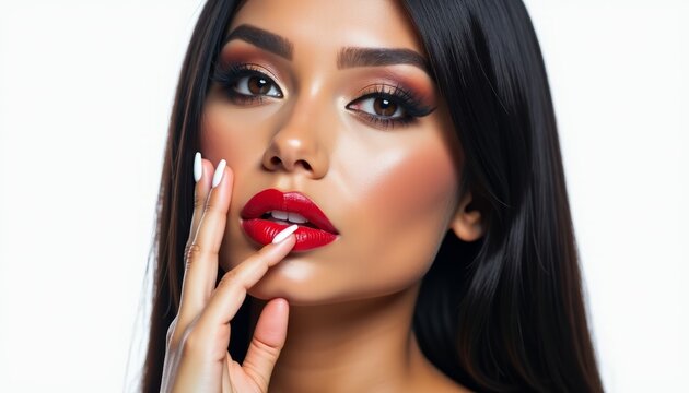 Glamorous studio portrait of a beautiful young woman with a smoky eye and bold red lips on a crisp white background