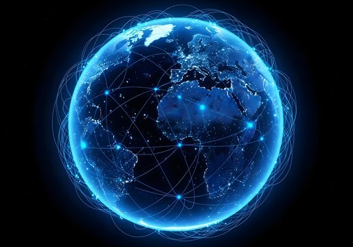 Glowing digital earth with connected networks illuminating continents against a dark background