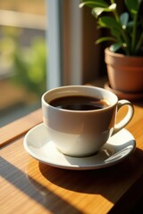 Close-up of coffee in a mug, Friday morning sunlight , energy, aroma, drinkware