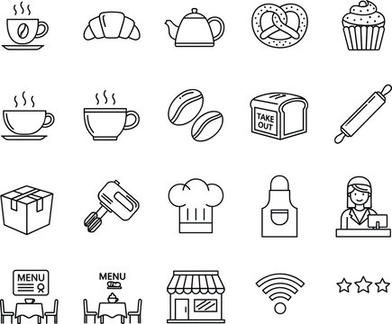 Coffee and bakery icons set, cafe symbols, hot drinks, pastry, kitchen tools, restaurant menu, chef hat, apron, food delivery, dining, wireless internet, star rating
