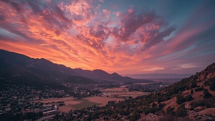 Fototapeta premium Vibrant sunset over a valley nestled between mountains.