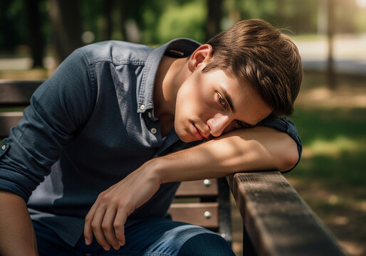 Pensive Young Man Resting Head on Wooden Bench in Park.