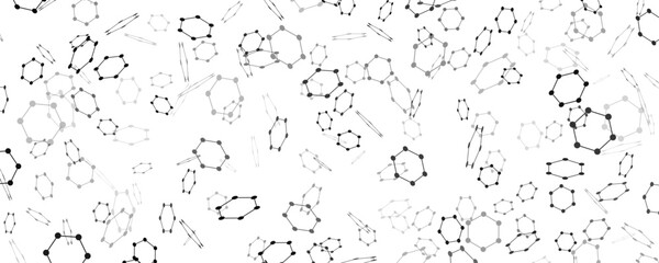 Abstract hexagonal black molecular structure on white background. Flying hexagons with connected dots for medical research presentation, technology or biotech design. Vector illustration.