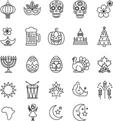 Cultural, seasonal, religious, festival, and holiday icon set, including Halloween, Christmas, Easter, Diwali, Thanksgiving, Ramadan, Hanukkah, and more