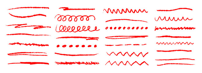 Red grunge brush stoke set. Hand drawn crayon underline, zigzag, dash line collection. Wet or dry pastel pencil doodle scribble bundle. Vector rough chalk charcoal sketch scrawls, waves and zig zag © vika_k