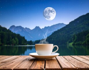 Cup of coffee on a wooden table by a lake at night