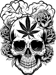Fototapeta premium SVG featuring a skull adorned with cannabis leaves in a Halloween theme. Intricate Skull Design with Cannabis Leaf and Floral Elements