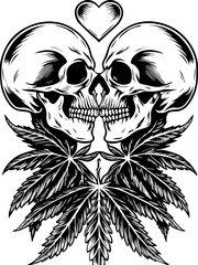 Obraz premium SVG featuring a skull adorned with cannabis leaves in a Halloween theme. Two Skulls Kissing with Heart and Cannabis Leaves Design