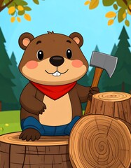 Cute beaver with axe on a tree stump