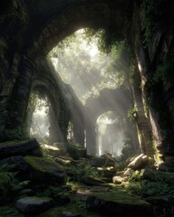 Ancient moss-covered stone ruins with sunlight streaming through the trees, evoking mystery and history.