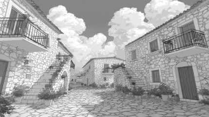 Fototapeta premium Grayscale stone buildings line a sun-dappled path beneath voluminous clouds