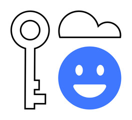 Key, cloud, and smiling face icon convey security, cloud computing, and positivity. Ideal for cybersecurity, technology, digital innovation, optimism user experience creativity simple landing page