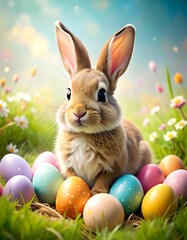 Cute Easter bunny surrounded by colorful eggs in a meadow