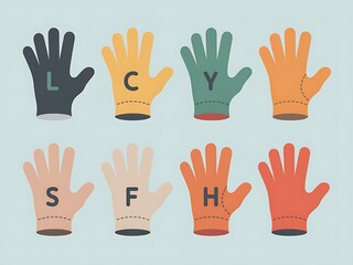 Fototapeta premium American Sign Language ASL letters on colorful gloves for learning communication deaf