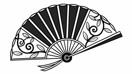 Illustration of a decorative hand fan with floral accents and black and white color scheme design