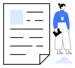 Document with text and photo layout next to a professional holding a clipboard. Ideal for resumes, recruitment, job applications, career, human resources, organization, simple flat metaphor