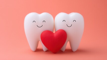 Two cartoon - style white teeth with smiling faces hold a red heart against a coral - colored background, conveying warmth and care.