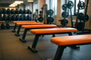 A row of orange weight benches stand ready in a gym, showcasing modern fitness equipment and space.