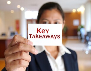 Woman holding key takeaways card, indoors