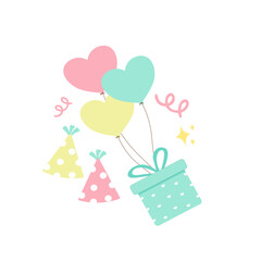 Cute Party Vector with Heart Balloons, Gift Box and Party Hats Illustration