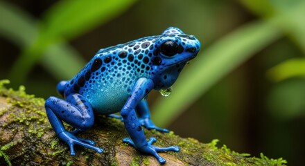 Captivating Close-Up of a Blue Poison Dart Frog on Mossy Branch in Rainforest