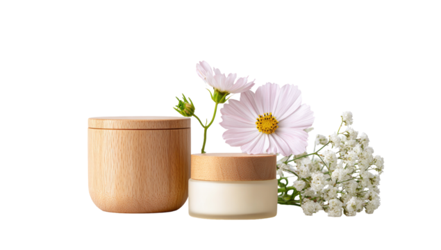 Wooden-lidded cream jars with pink cosmos and small white flowers