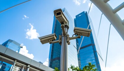 Surveillance cameras on a pole with city buildings in the background