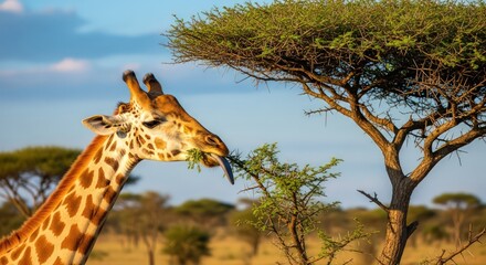 Giraffe Eating Leaves from Acacia Tree in African Savannah, Serengeti National Park