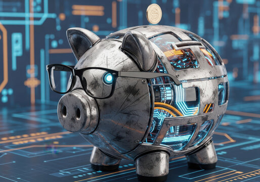 Futuristic robot piggy bank with glasses and digital background - Powered by Adobe