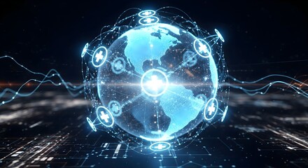  Glowing Holographic Globe with Interconnected Medical Cross Icons