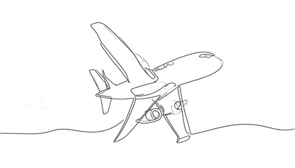 Single-line drawing of a plane in flight, low to the ground, over a wavy line suggesting land or clouds