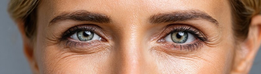 Obraz premium Swollen eyelids with bags and fatigue concept. Close-up of expressive human eyes revealing deep emotion.