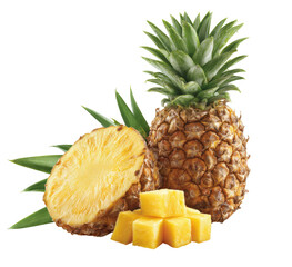 Fresh pineapple, sliced and diced, vibrant yellow flesh, lush green leaves