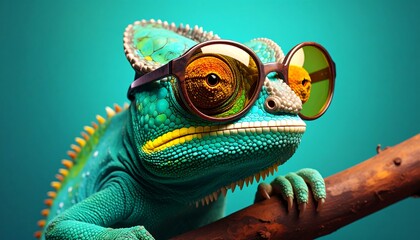A vibrant green chameleon wearing oversized sunglasses, perched on a branch against a teal background