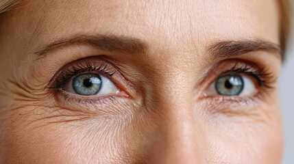 Fototapeta premium Swollen eyelids with bags and fatigue concept. Close-up of expressive eyes reflecting wisdom and beauty.