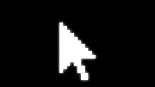 White glossy pixelated arrow cursor icon design moving up and down and pointing on a black background creating a loop by joining multiple fragments together