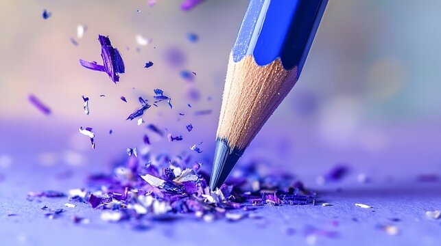 Closeup of Sharpened Blue Pencil Point with Flying Purple Shavings on Matching Surface
