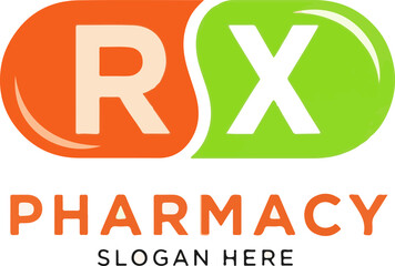 Modern pharmacy logo design with 'RX' text in orange and green bubbles, and 'PHARMACY' branding