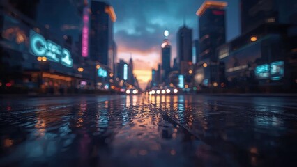 A city street at dusk, reflecting the vibrant neon lights in puddles of rain.