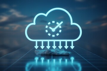 Cloud computing concept with a clock inside a cloud and arrows pointing down to a digital surface time