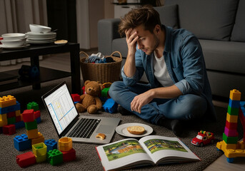 Stressed Father Working from Home Amidst Toys and Chores.
