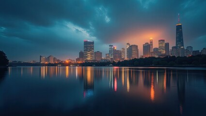 City skyline reflected in tranquil water at twilight.
