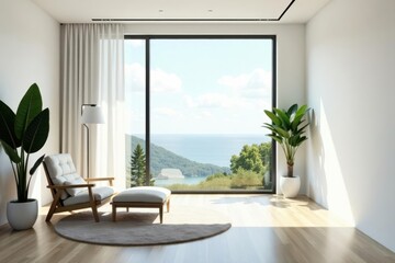 Obraz premium Bright minimalist room, expansive window view , view, aesthetic, minimalism