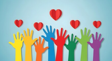 Colorful paper hands reaching for red paper hearts against a light blue background; flat lay illustration with a cheerful and hopeful mood.