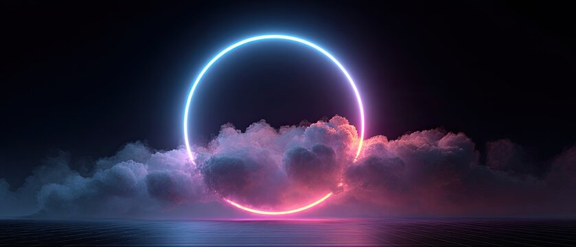 Neon ring over clouds, dark horizon