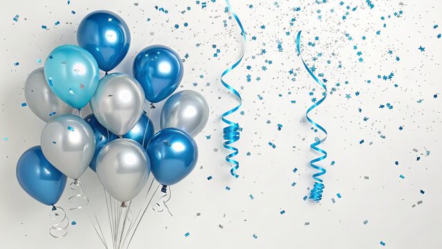 Bunch of blue and silver balloons with confetti isolated on white background